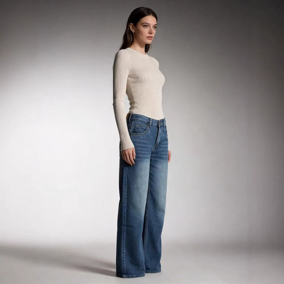 Damen hochgeschnittene Weitbein-Jeans mit tonaler Seitennaht und verwaschenem Verlauf Nord Taschen