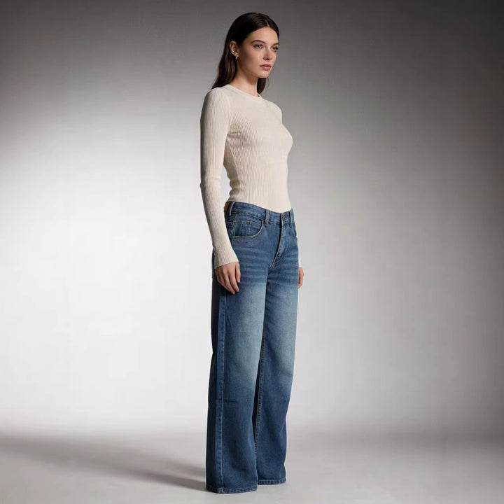 Damen hochgeschnittene Weitbein-Jeans mit tonaler Seitennaht und verwaschenem Verlauf Nord Taschen