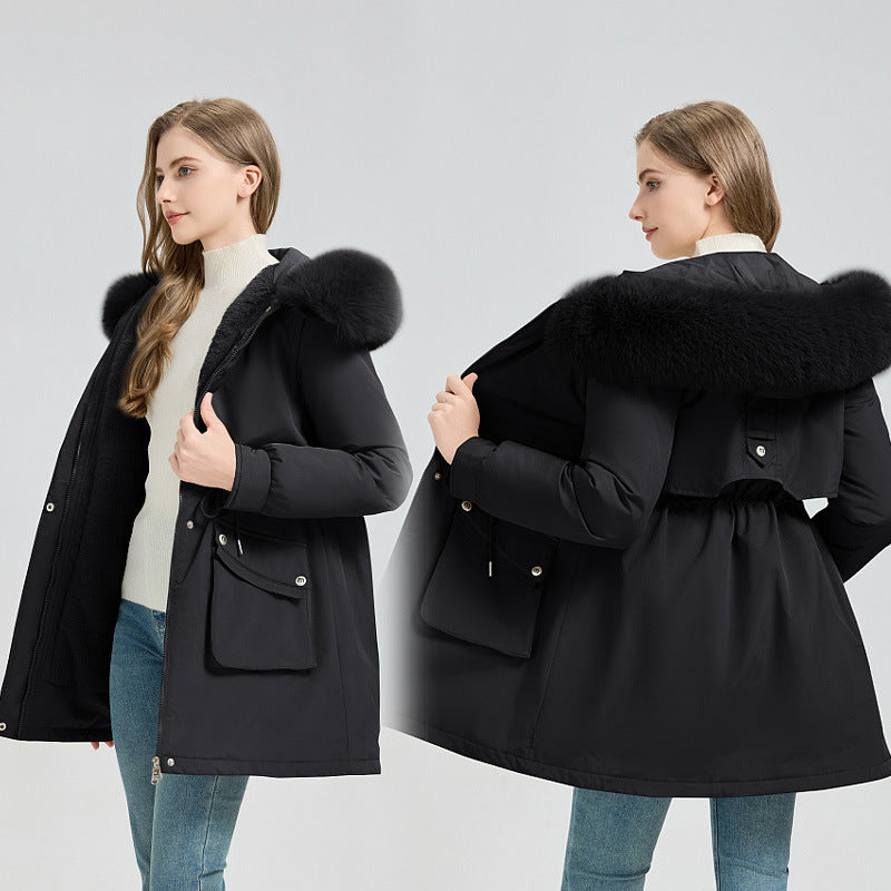 Damen nan taillierter Thermo-Parka mit abnehmbarer Kunstpelzkapuze, weichem Teddyfutter und verstellbarem Tunnelzug Nord Taschen