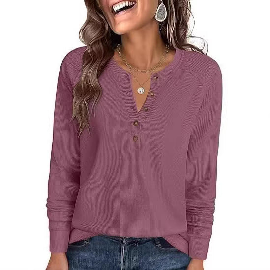 Damen Waffelstrick-Henley-Longsleeve mit Knopfleiste, Raglanärmeln und gerippten Bündchen Nord Taschen