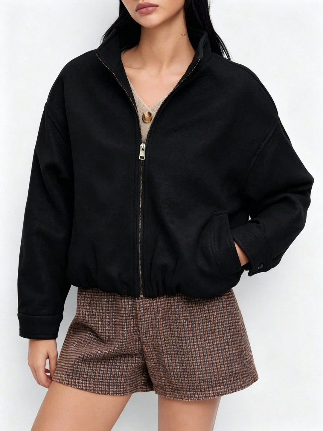 Damen Modische Fleecejacke mit Stehkragen Nord Taschen