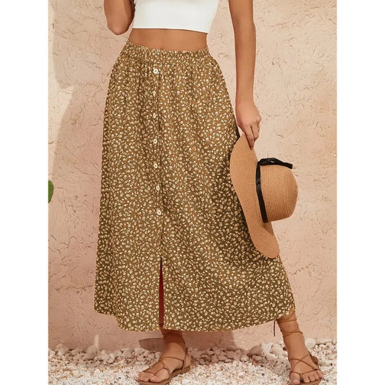 Damen Maxirock mit floralem Design und Knopfdetails