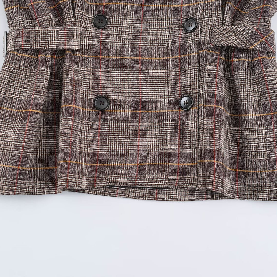 Damen Kurze Doppelreihige Taillierte Karo-Jacke mit Stehkragen und Taillenriegeln Nord Taschen