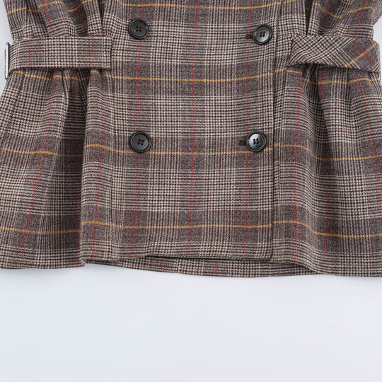 Damen Kurze Doppelreihige Taillierte Karo-Jacke mit Stehkragen und Taillenriegeln Nord Taschen
