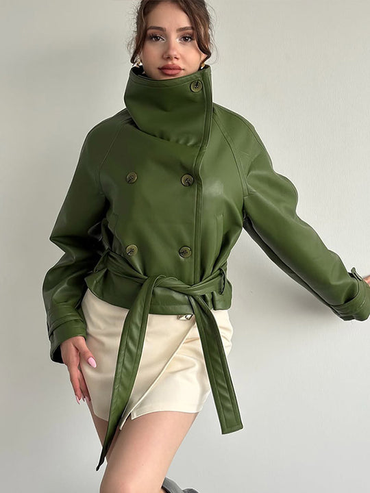 Damen Taillierte Kurzblouson‑Jacke aus Lederimitat mit hohem Stehkragen und Bindegürtel Nord Taschen
