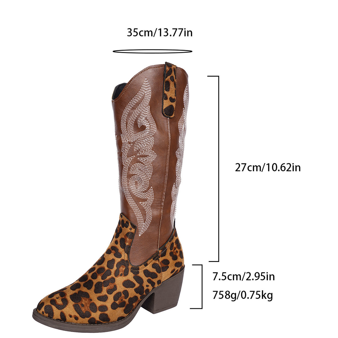 Damen Cowboystiefel im Western‑Look mit Leopardenmuster, besticktem Schaft und konischem Blockabsatz Nord Taschen