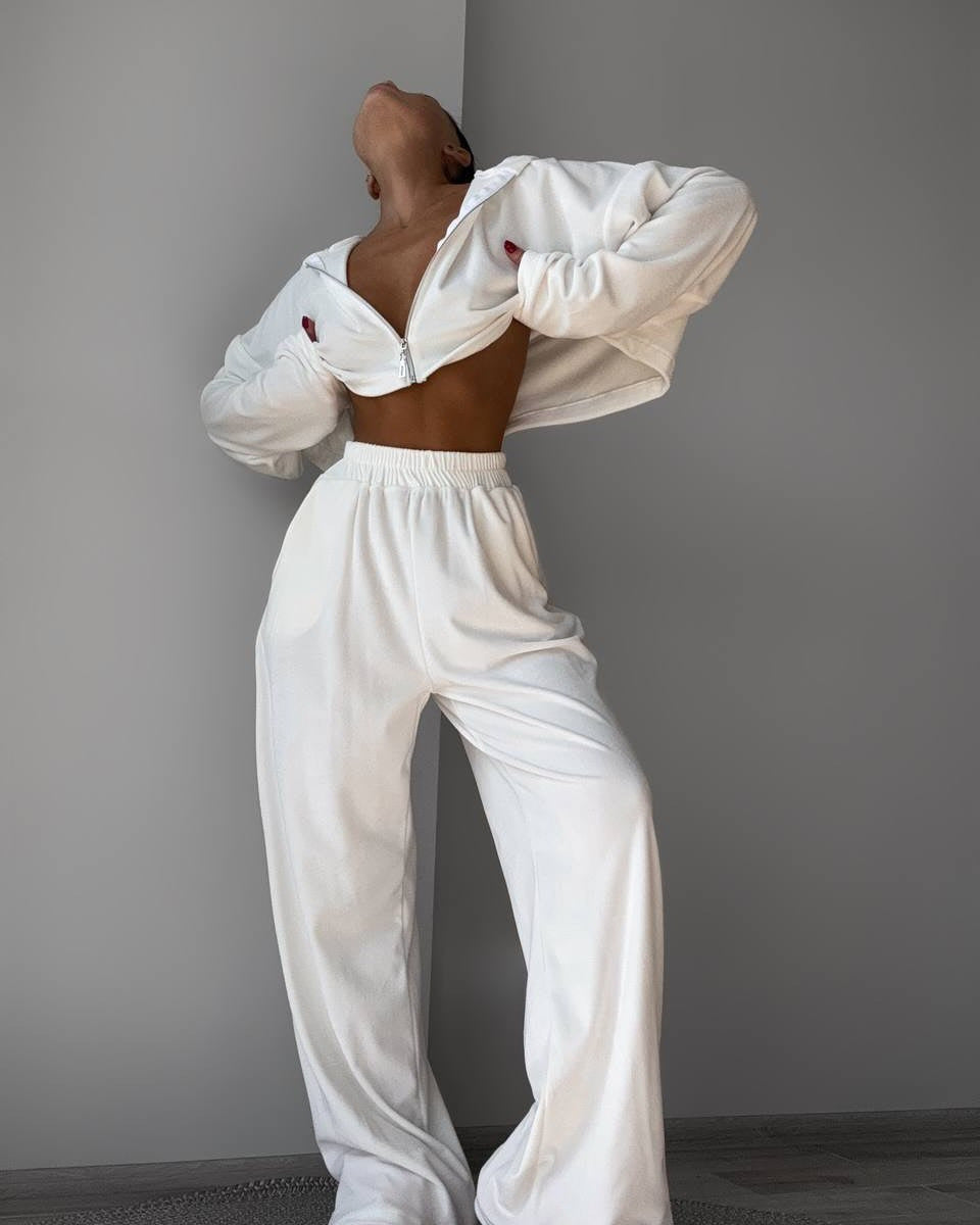 Damen kurzes Samt-Cropped-Zipshirt mit weitem High‑Waist Palazzo‑Hose Zweiteiler Nord Taschen