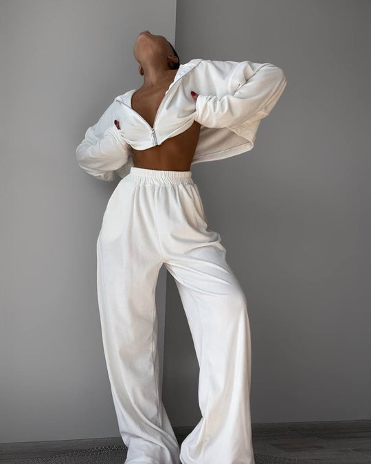 Damen kurzes Samt-Cropped-Zipshirt mit weitem High‑Waist Palazzo‑Hose Zweiteiler Nord Taschen