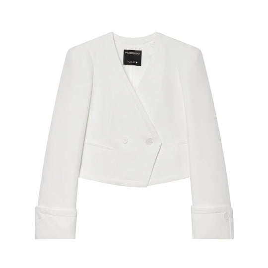 Damen gekürzter doppeltreihiger Blazer mit V‑Ausschnitt und Umschlagärmeln Nord Taschen