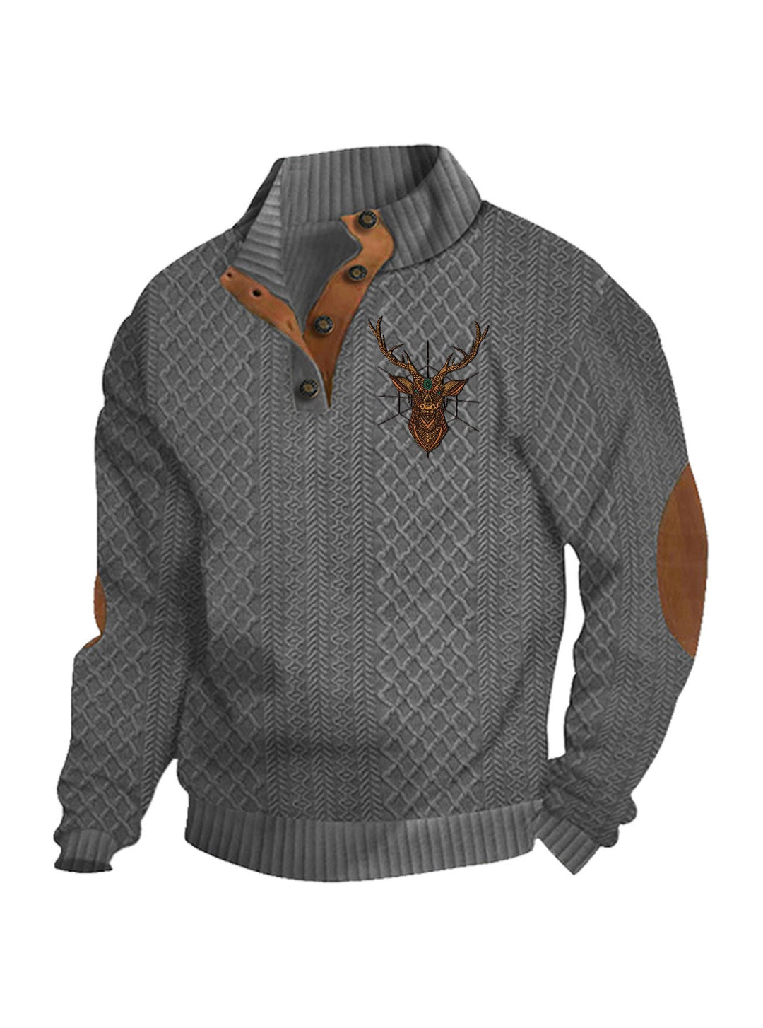 Herren nan Heritage-Strukturpullover mit Stehkragen Lederimitat-Besatz Ellenbogen-Patches und Halbknopfleiste