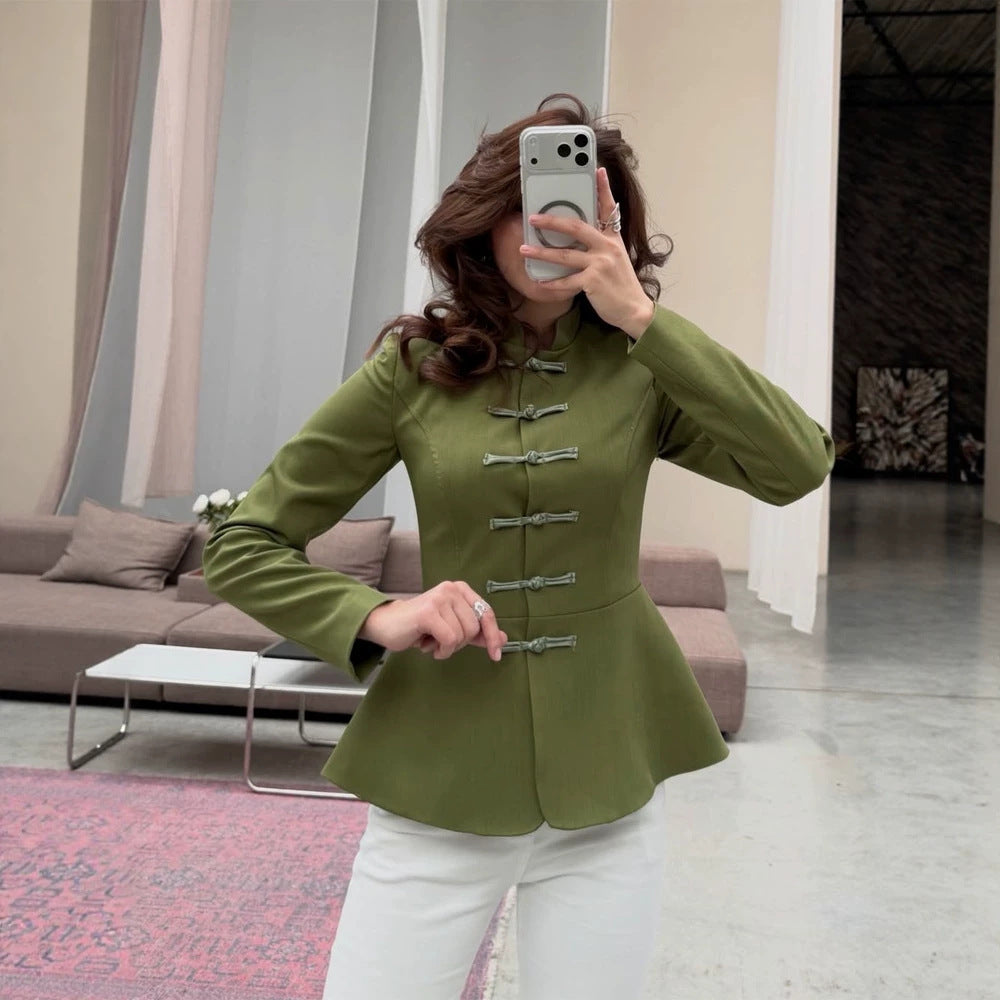 Damen Taillierte Militärinspirierte Jacke mit Stehkragen, Kordelverschlüssen und Schößchen Nord Taschen