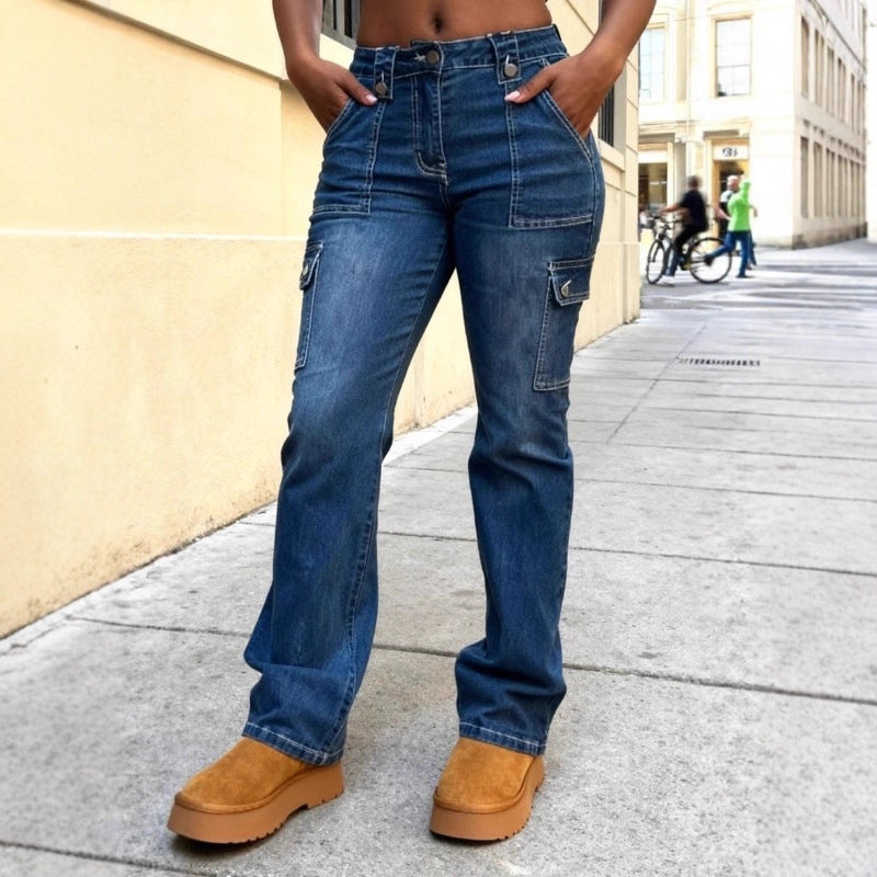 Damen Hochtaillierte Cargo-Denim-Jeans mit geradem Bein und aufgesetzten Klappentaschen Nord Taschen