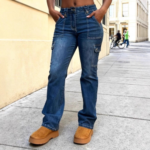 Damen Hochtaillierte Cargo-Denim-Jeans mit geradem Bein und aufgesetzten Klappentaschen Nord Taschen