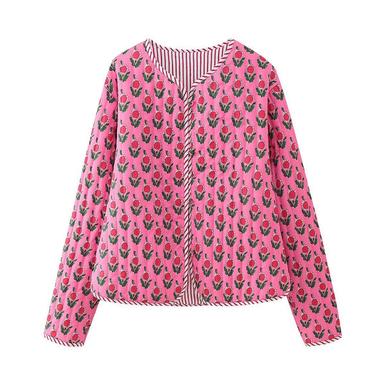 Damen Gepolsterte gesteppte Blusenjacke mit floralem Allover‑Print und Kontrastpaspel Nord Taschen