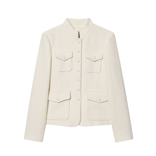 Damen Bouclé-Cropped-Jacke mit Stehkragen, bezogenen Knöpfen und aufgesetzten Pattentaschen Nord Taschen