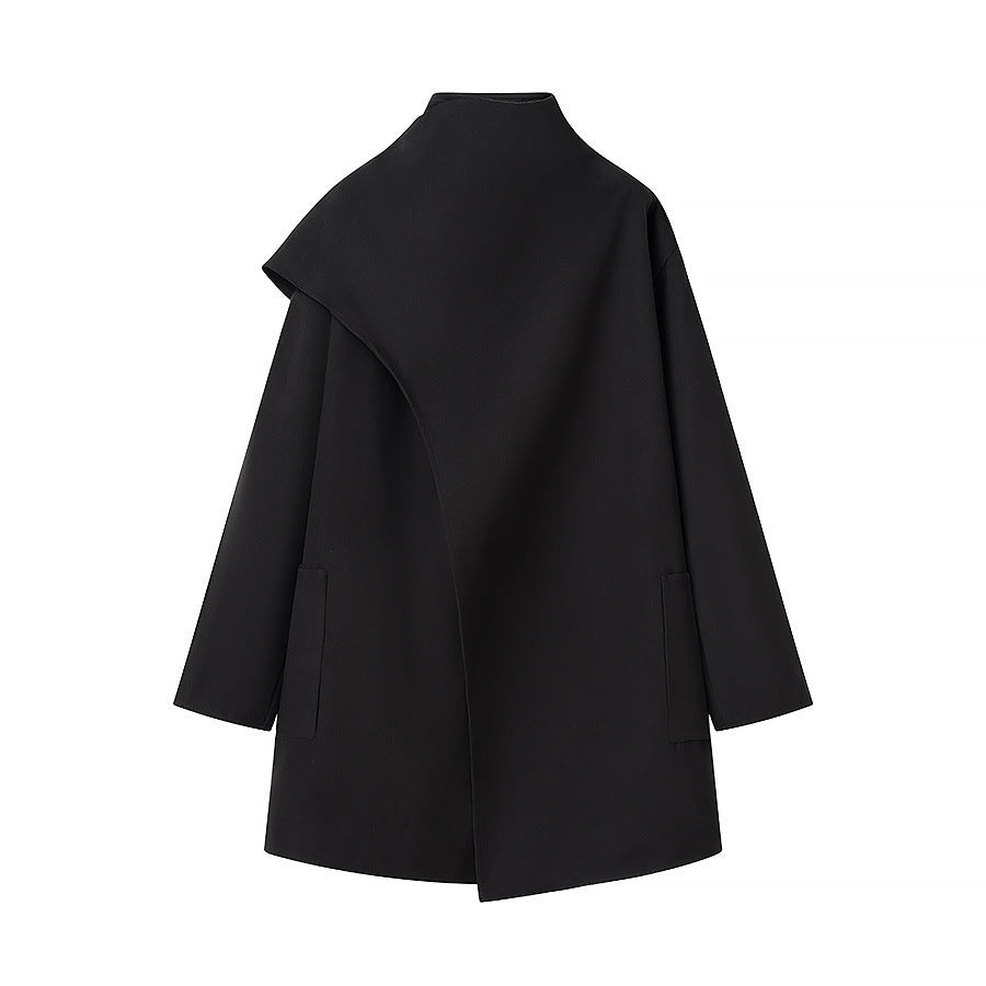 Damen Asymmetrischer Wollmix-Mantel mit Cape-Überwurf und Stehkragen Nord Taschen