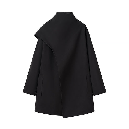 Damen Asymmetrischer Wollmix-Mantel mit Cape-Überwurf und Stehkragen Nord Taschen