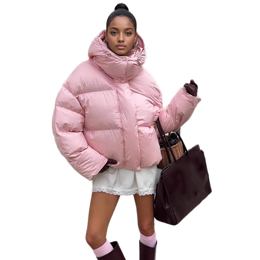 Damen kurze oversized Stepp-Daunenjacke mit Kapuze und hohem Stehkragen Nord Taschen