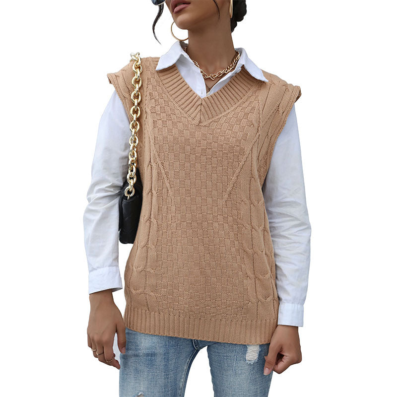 Damen Strick-Weste mit V‑Ausschnitt, Zopfmuster und lässiger Oversize-Silhouette Nord Taschen