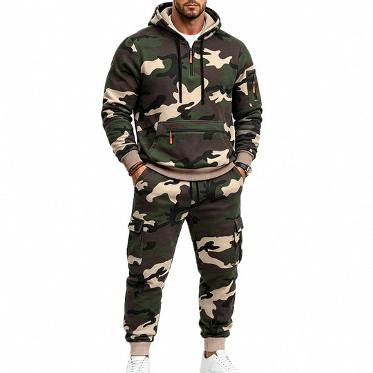 Herren Zweiteiliges Camouflage-Trainingsanzug-Set mit Kapuzen-Sweatshirt und Cargo-Joggern Nord Taschen