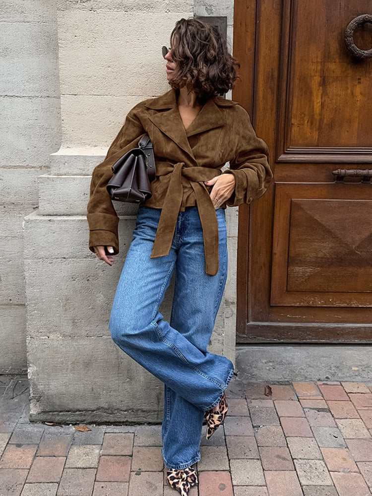 Damen Kurzblouson aus Wildleder‑Look mit Bindegürtel und kastiger Silhouette Nord Taschen