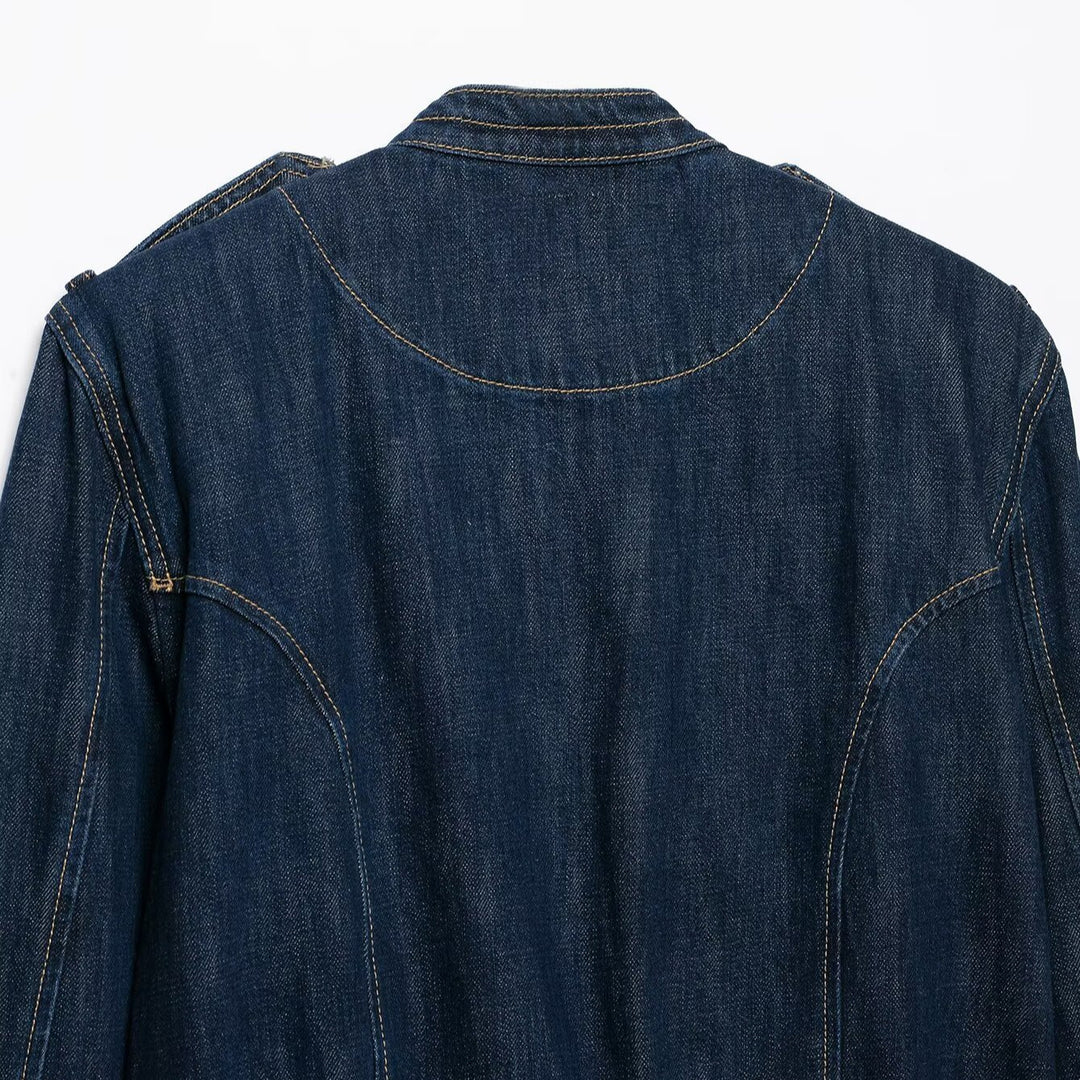Damen Cropped Denim-Fieldjacke mit dekorischer Doppelreihe und Stehkragen Nord Taschen