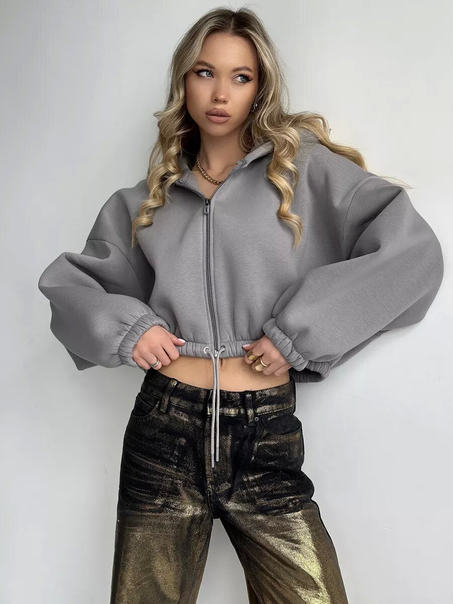 Damen Sportlicher Cropped Hoodie mit Reißverschluss und Kordelzug