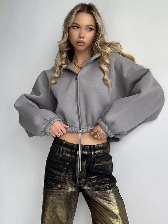 Damen Sportlicher Cropped Hoodie mit Reißverschluss und Kordelzug