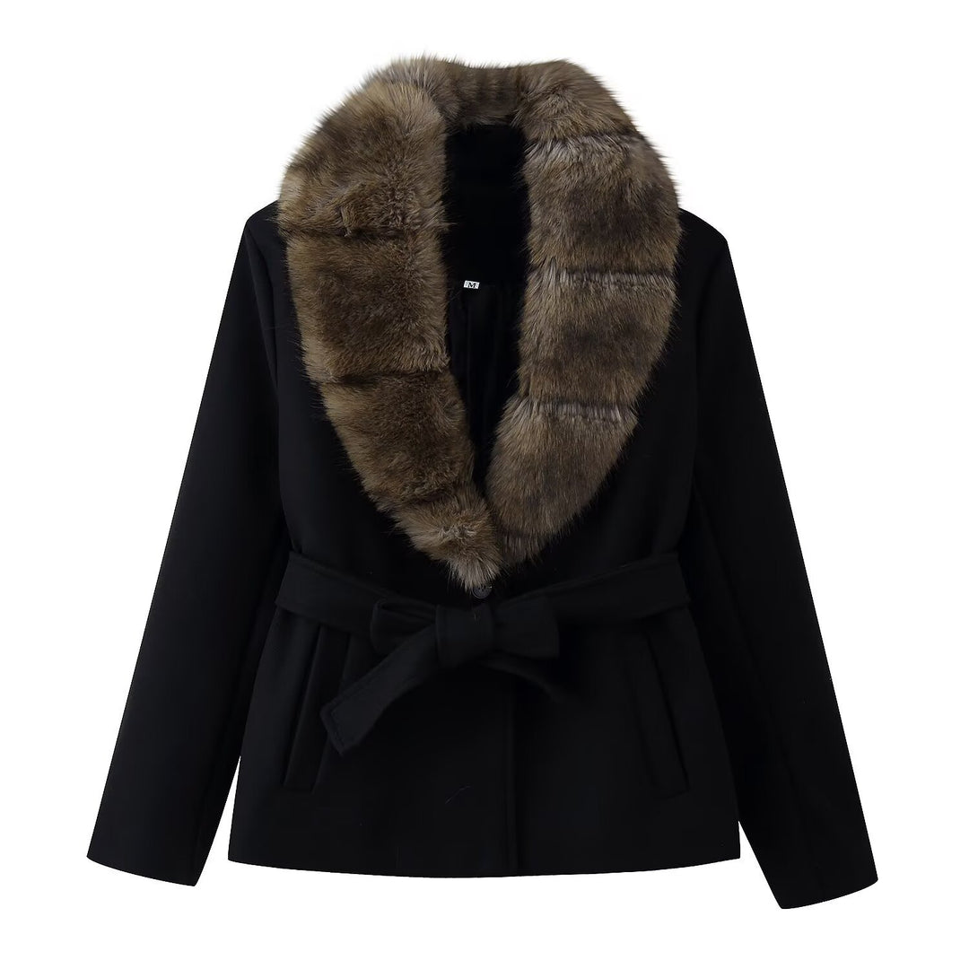 Damen Kurzer Wollmix-Mantel mit abnehmbarem Faux-Fur-Schalkragen und Taillengürtel Nord Taschen