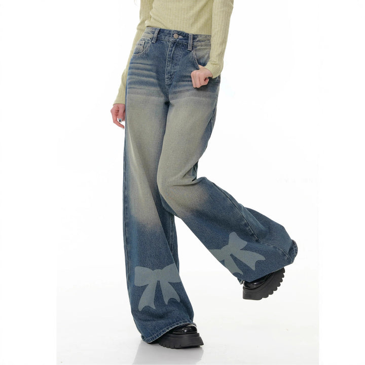 Damen hochtaillierte Palazzohose aus Denim mit extra weitem Bein und Schleifenprint Nord Taschen