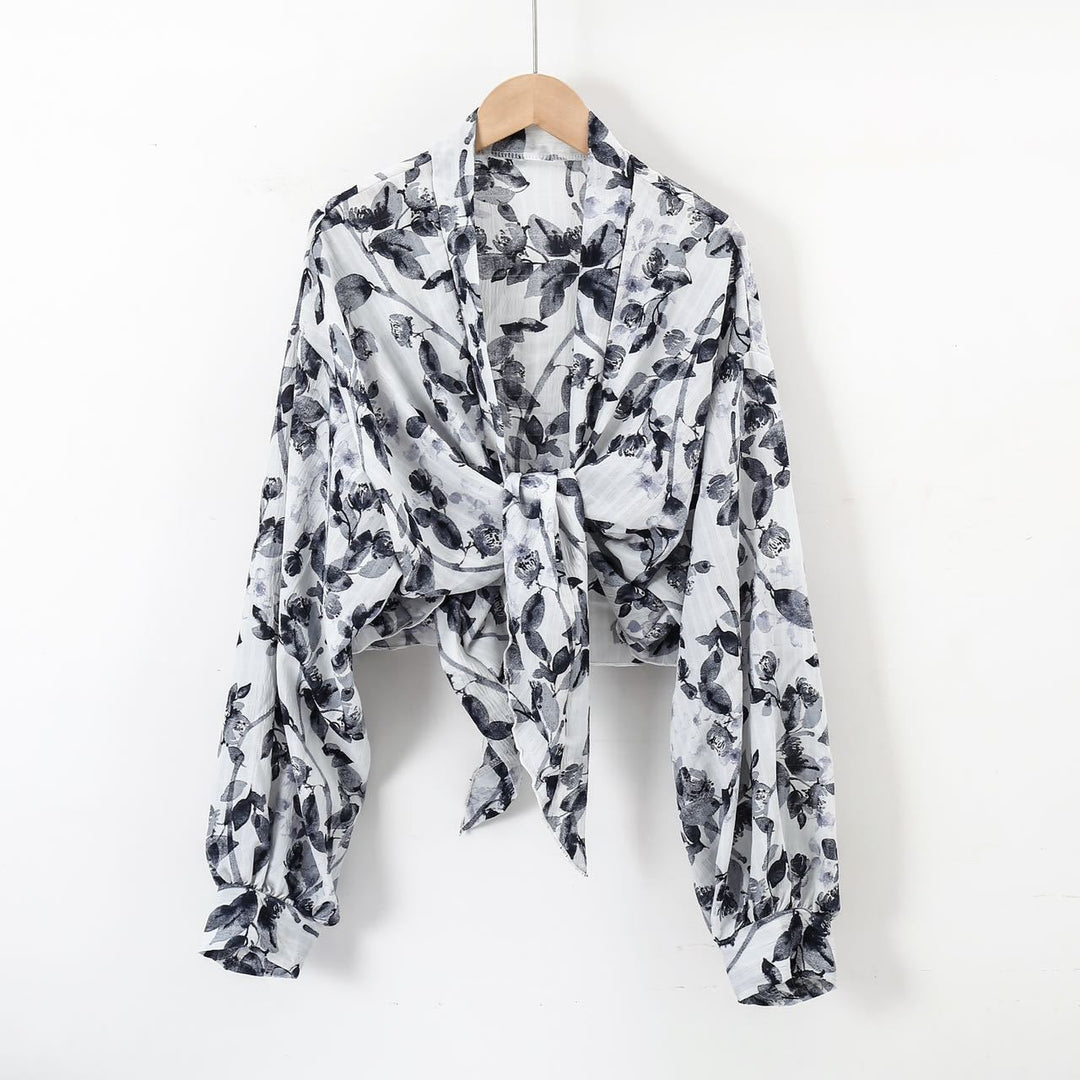 Damen nan florale Knoten-Bluse im Wickelstil mit Ballonärmeln und leichter Leinenoptik