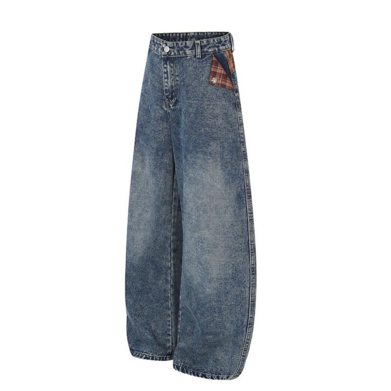 Damen Weite High‑Waist Denim‑Culotte im Palazzo‑Stil mit Karo‑Bund und Vintage‑Waschung Nord Taschen