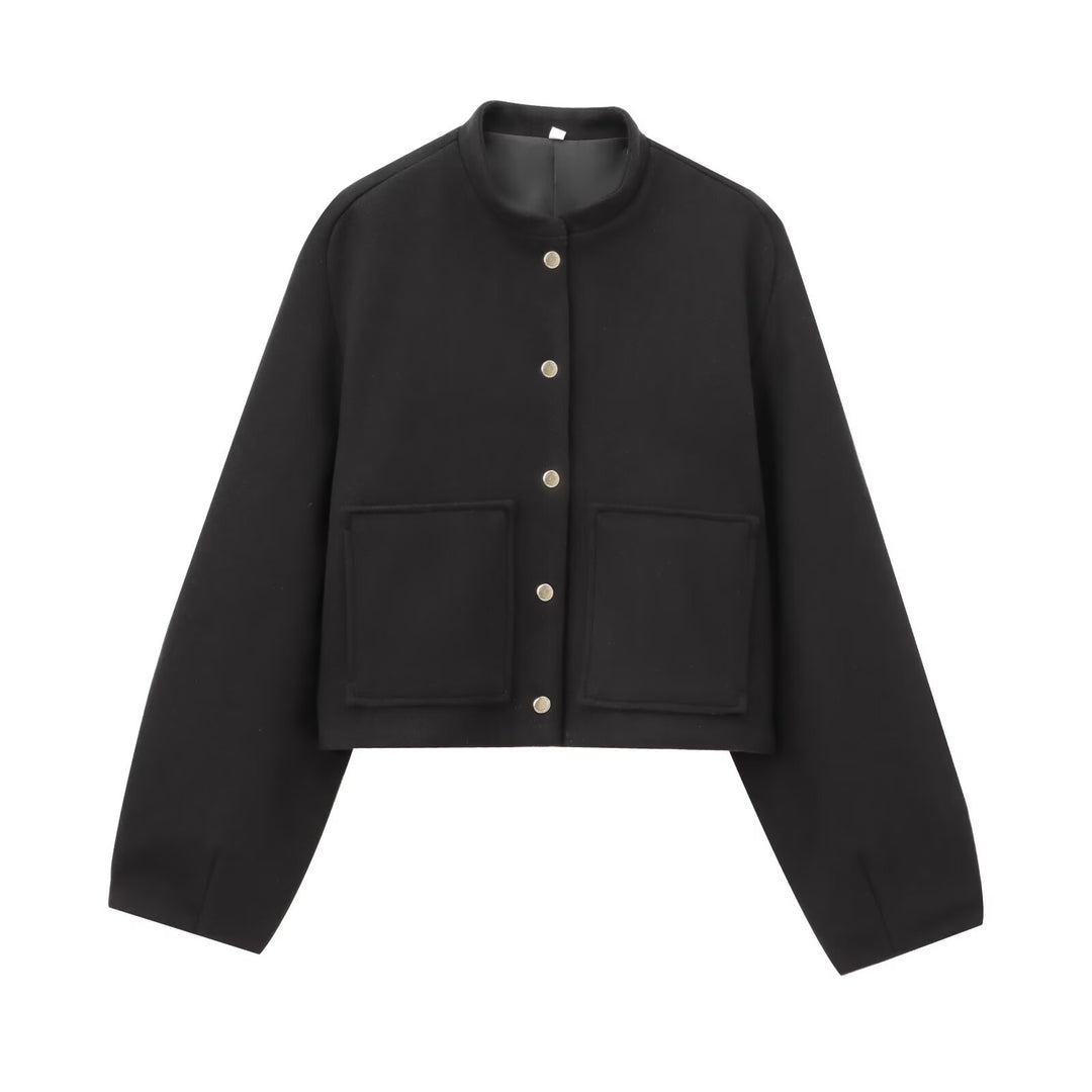 Damen Cropped Wollmix‑Jacke im Boxy‑Schnitt mit Stehkragen und aufgesetzten Taschen Nord Taschen