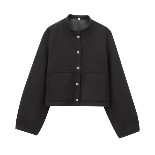 Damen Cropped Wollmix‑Jacke im Boxy‑Schnitt mit Stehkragen und aufgesetzten Taschen Nord Taschen