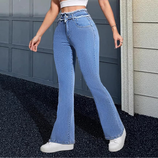 Damen Hochgeschnittene Flared-Jeans mit ausgefranstem Bund und mittiger Absteppnaht Nord Taschen