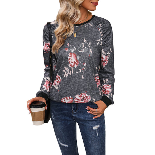 Damen Lässiges Raglan-Sweatshirt mit floralem Vintage-Muster und gerippten Bündchen Nord Taschen