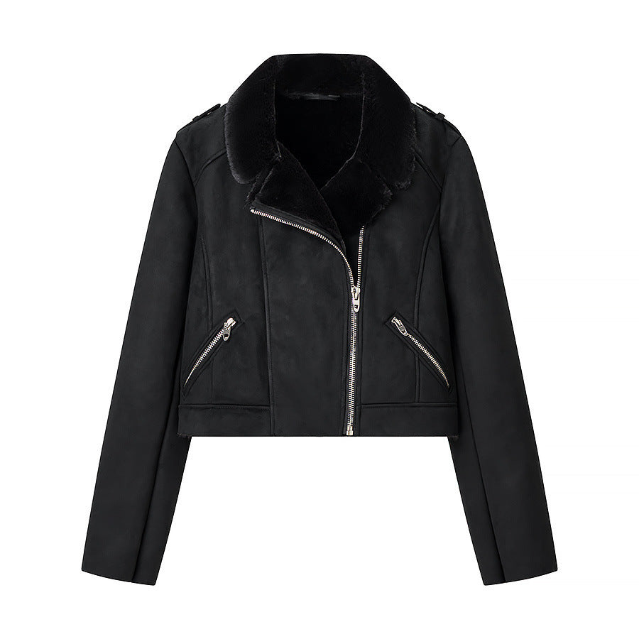 Damen Kurze Bikerjacke mit Kunstfellkragen und Wildlederoptik Nord Taschen