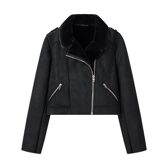 Damen Kurze Bikerjacke mit Kunstfellkragen und Wildlederoptik Nord Taschen