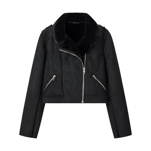 Damen Kurze Bikerjacke mit Kunstfellkragen und Wildlederoptik Nord Taschen