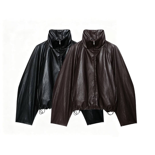 Damen Oversize Jacke im Lederlook mit hohem Funnelkragen, Raglanärmeln und Tunnelzugsaum Nord Taschen