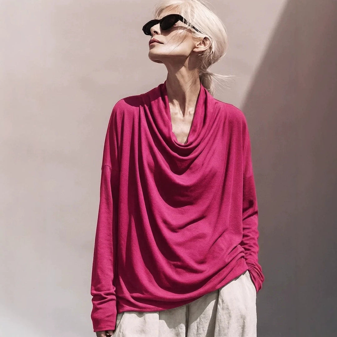 Damen Drapiertes Oversize-Langarmshirt mit Wasserfallkragen Nord Taschen