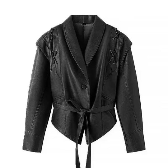 Damen Taillierter Kunstleder-Blazer mit Wickelgürtel und Schnürungen an den Schultern Nord Taschen