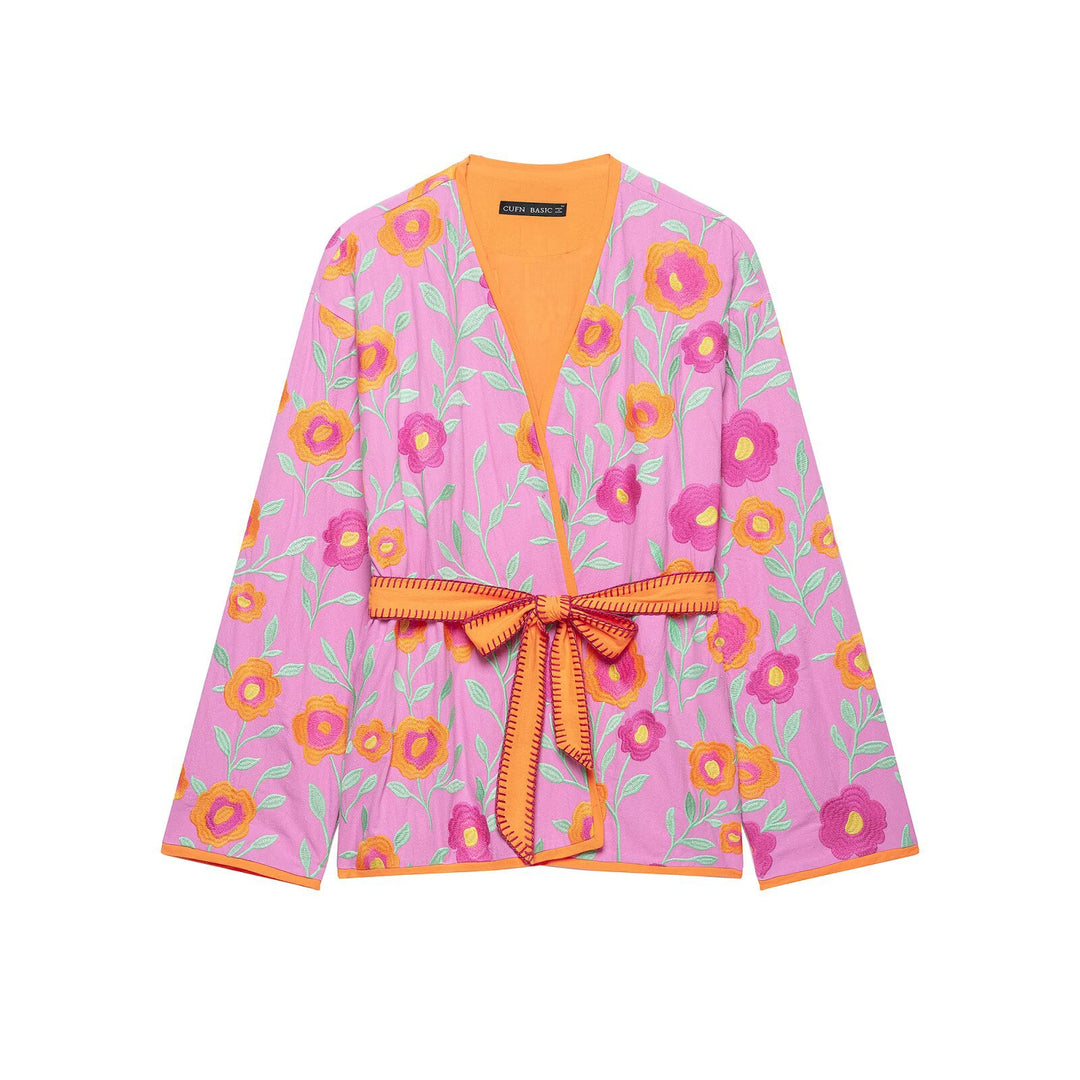 Damen Besticktes Kimono-Blouson mit Taillengürtel und floraler Stickerei Nord Taschen