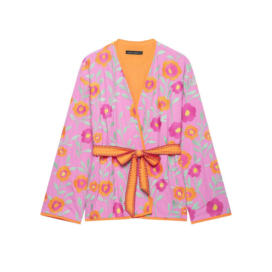 Damen Besticktes Kimono-Blouson mit Taillengürtel und floraler Stickerei Nord Taschen