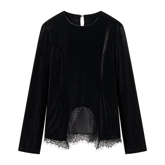 Damen Samt-Langarmshirt mit Spitzenbesatz und gewölbtem Saum Nord Taschen