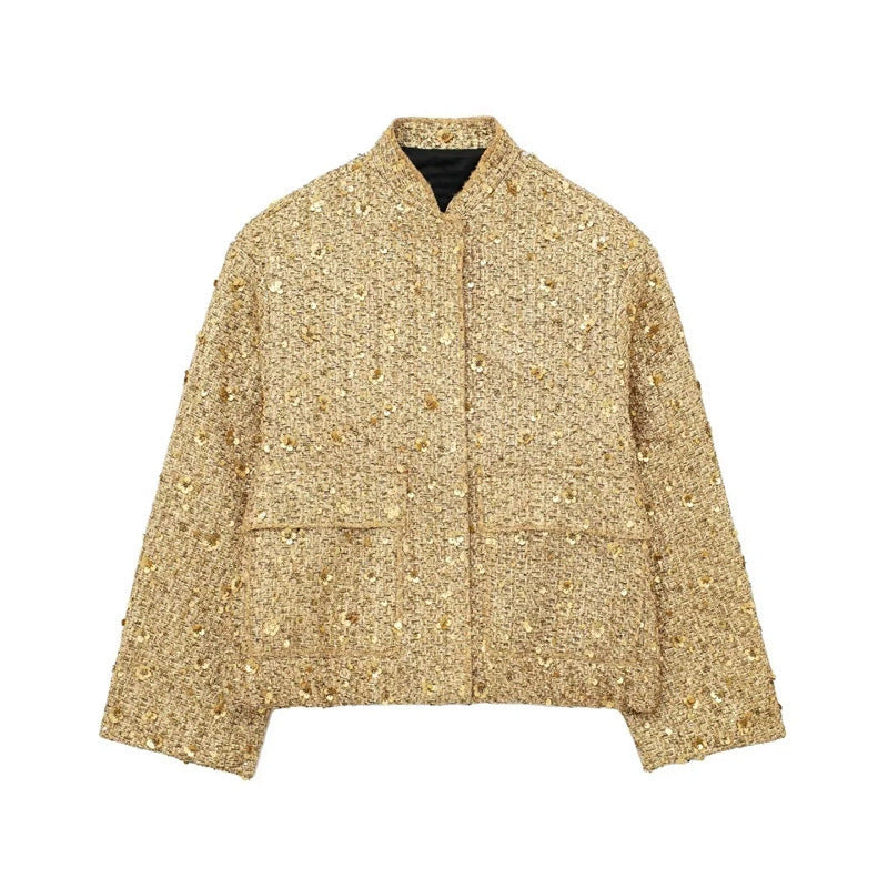 Damen verzierte Bouclé-Bomberjacke mit Pailletten und Strass Nord Taschen