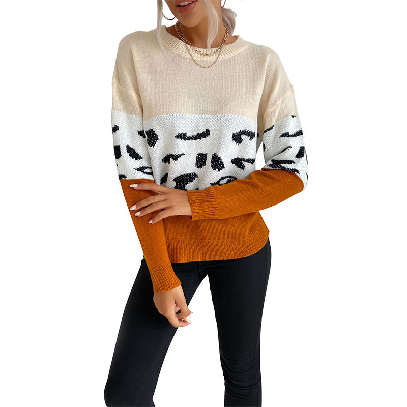 Damen Boxy-Strickpullover im Colorblock-Leopardmix mit Rundhals und gerippten Ärmeln Nord Taschen