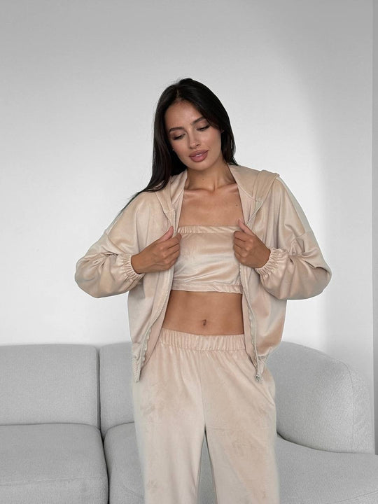 Damen Velours-Loungewear-Set mit Kapuzenjacke, Bandeau-Top und Jogginghose Nord Taschen
