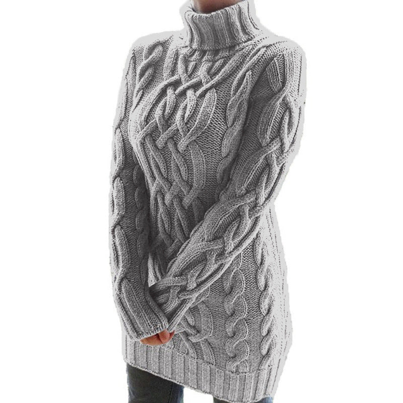 Damen Oversized Strickkleid mit markantem Zopfmuster und Rollkragen Nord Taschen