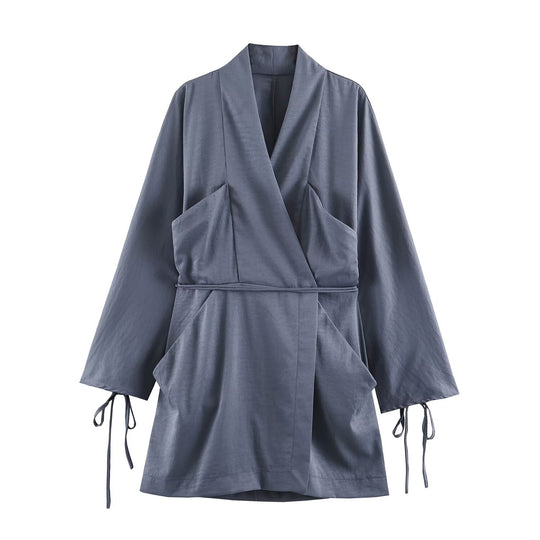 Damen Kimono‑Wickeljacke mit Taillengürtel, weitem Ärmel und asymmetrischen aufgesetzten Taschen Nord Taschen